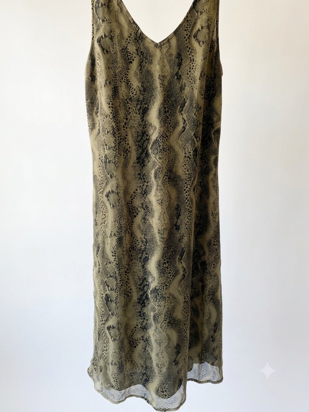 Vintage Robbie Bee 100% Silk Snakeskin Print Slip Dress Size 6 Olive Green